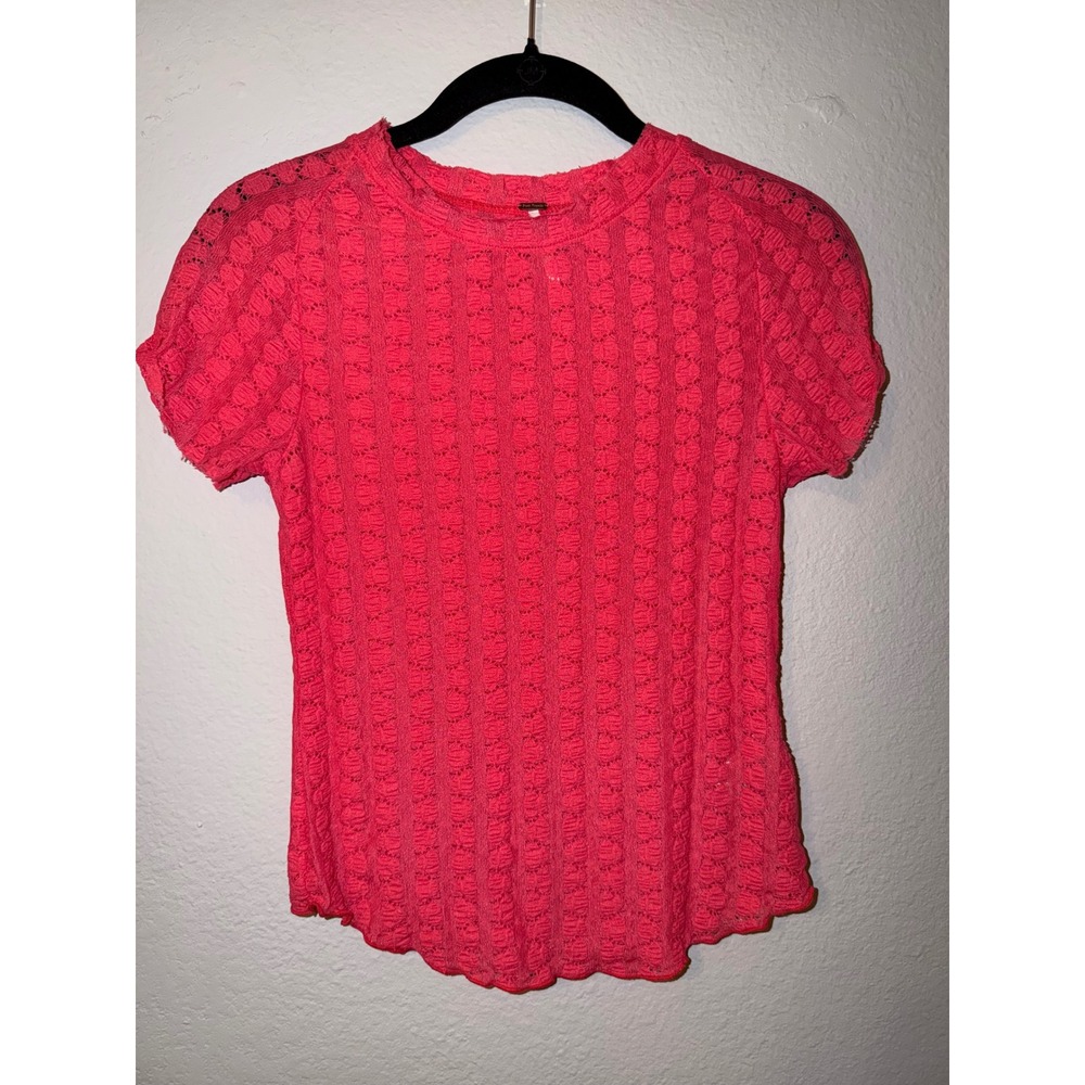 Free People Pink Textured Lace Knit Short Sleeve Top Womens Small
